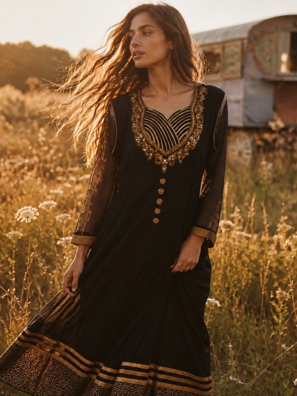 Bohemian Black Maxi Dress with Gold Trim